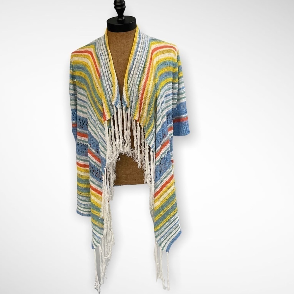 Ruby Rd Sherbet Striped Open Front Sweater w/ Fringe Crochet Short Sleeve, Sm 